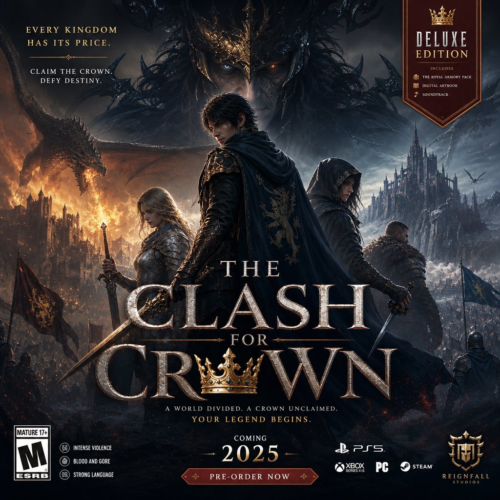 为一款名为 [The Clash for crown] 的虚构游戏,创作一张高级且极具真实感的游戏首发主视觉海报(Key Art)。 目标:让这款游戏看起来像是一款真正的大型发售…