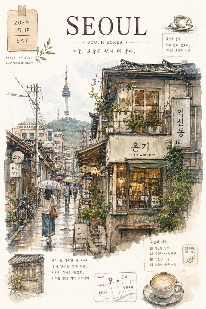 一本关于韩国的美学旅行手账，使用 ChatGPT 上的 GPT Image 2 制作 提示词； 梦幻般的手绘首尔（韩国）旅行海报，采用优雅的城市速写本美学风格，以细腻的钢笔墨线与…