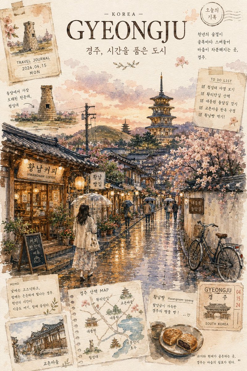 一本关于韩国的美学旅行手账，使用 ChatGPT 上的 GPT Image 2 制作 提示词； 梦幻般的手绘首尔（韩国）旅行海报，采用优雅的城市速写本美学风格，以细腻的钢笔墨线与…