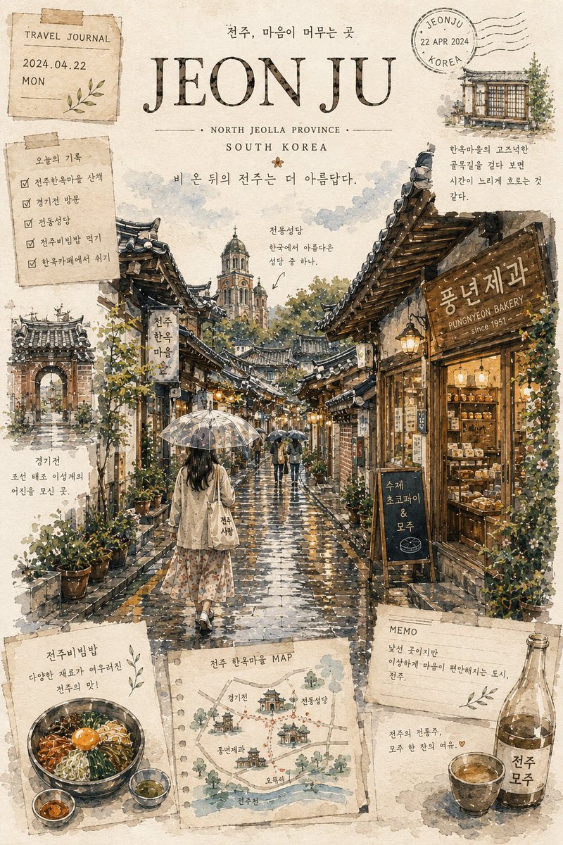 一本关于韩国的美学旅行手账，使用 ChatGPT 上的 GPT Image 2 制作 提示词； 梦幻般的手绘首尔（韩国）旅行海报，采用优雅的城市速写本美学风格，以细腻的钢笔墨线与…