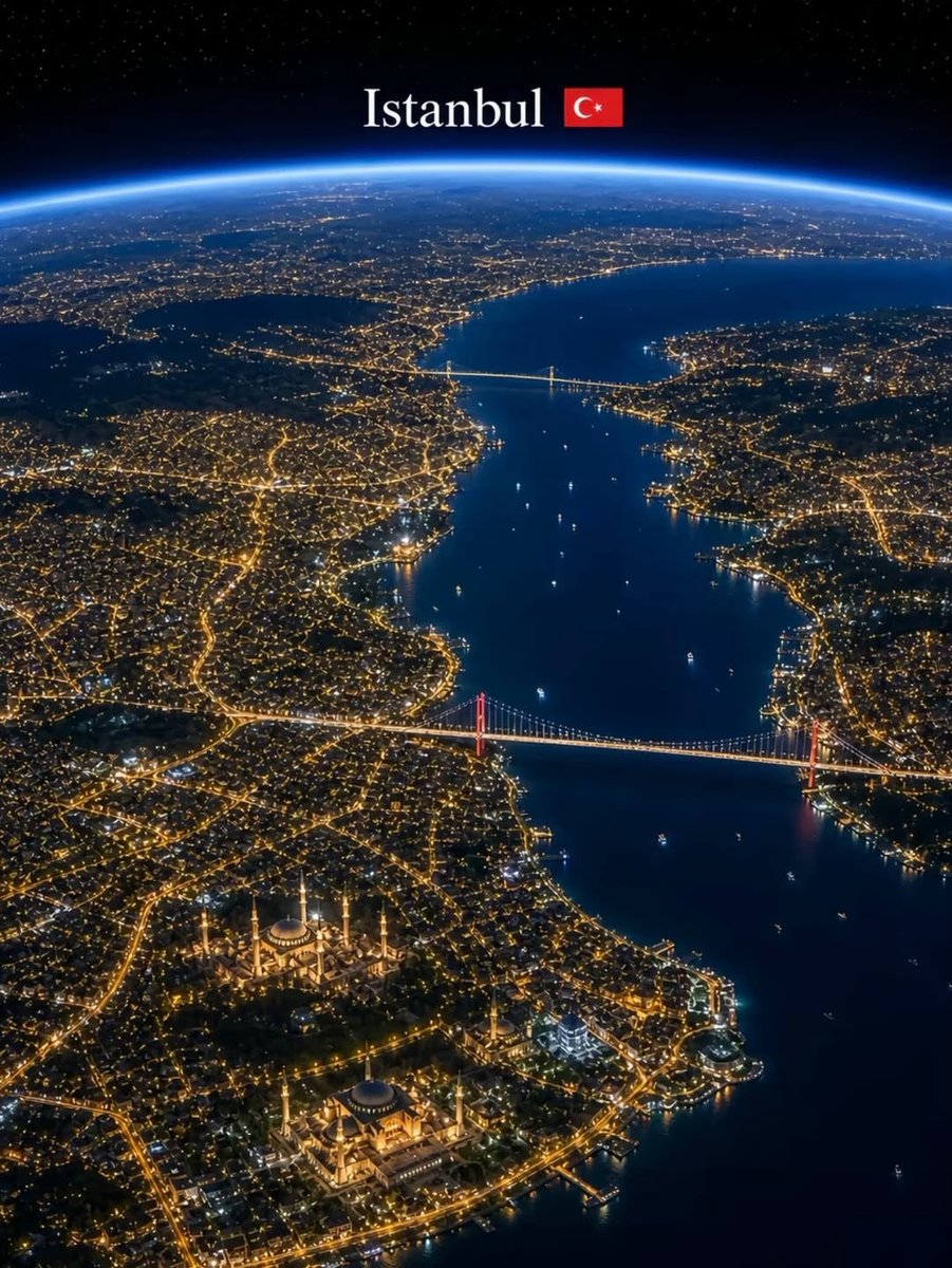 超写实电影级夜景航拍视角,从太空俯瞰一座重要的(CITY NAME)城市,无尽的金色城市灯光绵延铺展在大地上,蜿蜒的河流被灯光照亮穿过城市,标志性的天际线和建筑地标,地球弯曲的地…