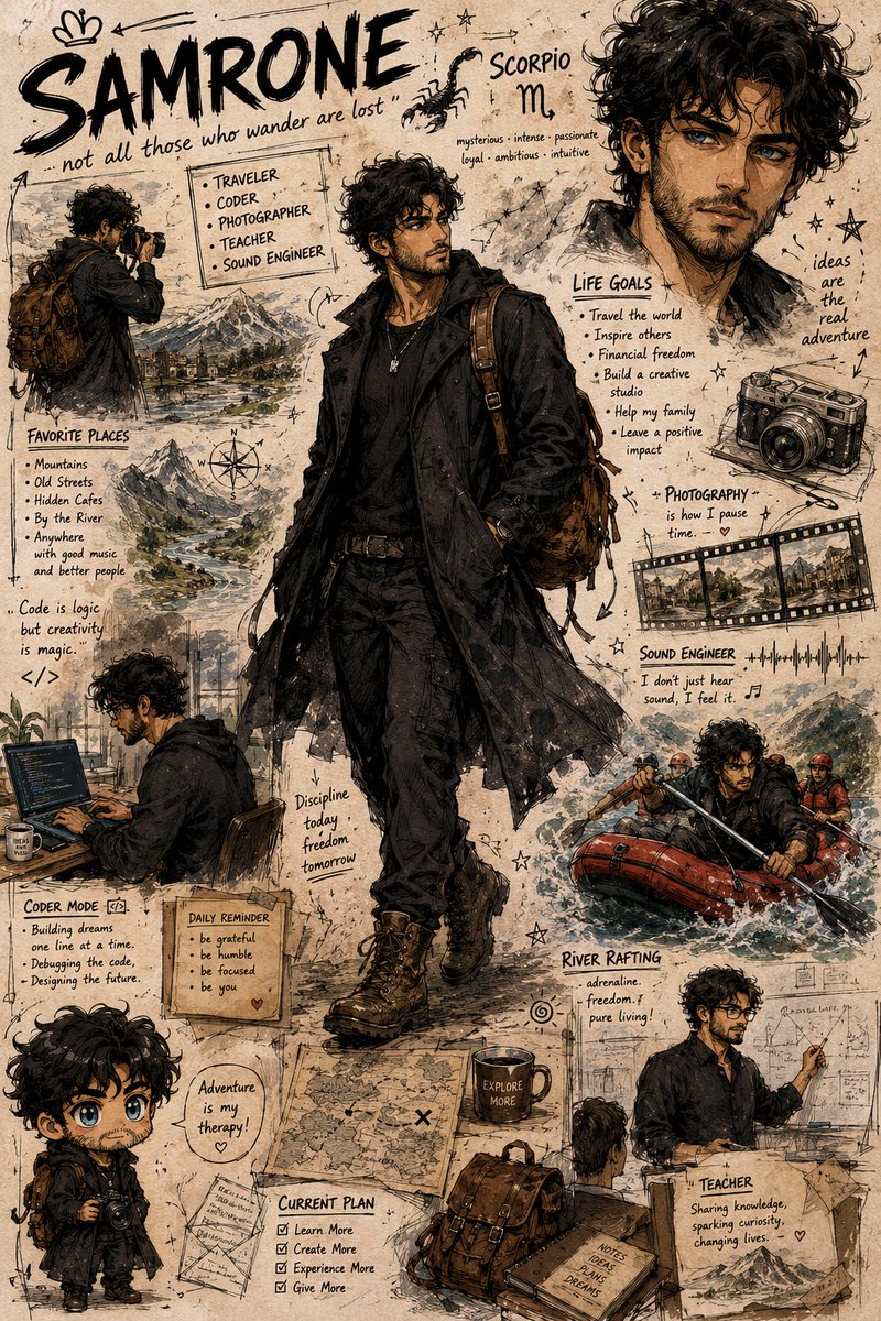 GPT image 2 在 Chatgpt 上 提示词 一张风格时尚的插画人物设定表，主角是一位名叫“SAMRONE”的英俊年轻男子，素描本美学，混合媒介墨水与水彩风格，高度细致…