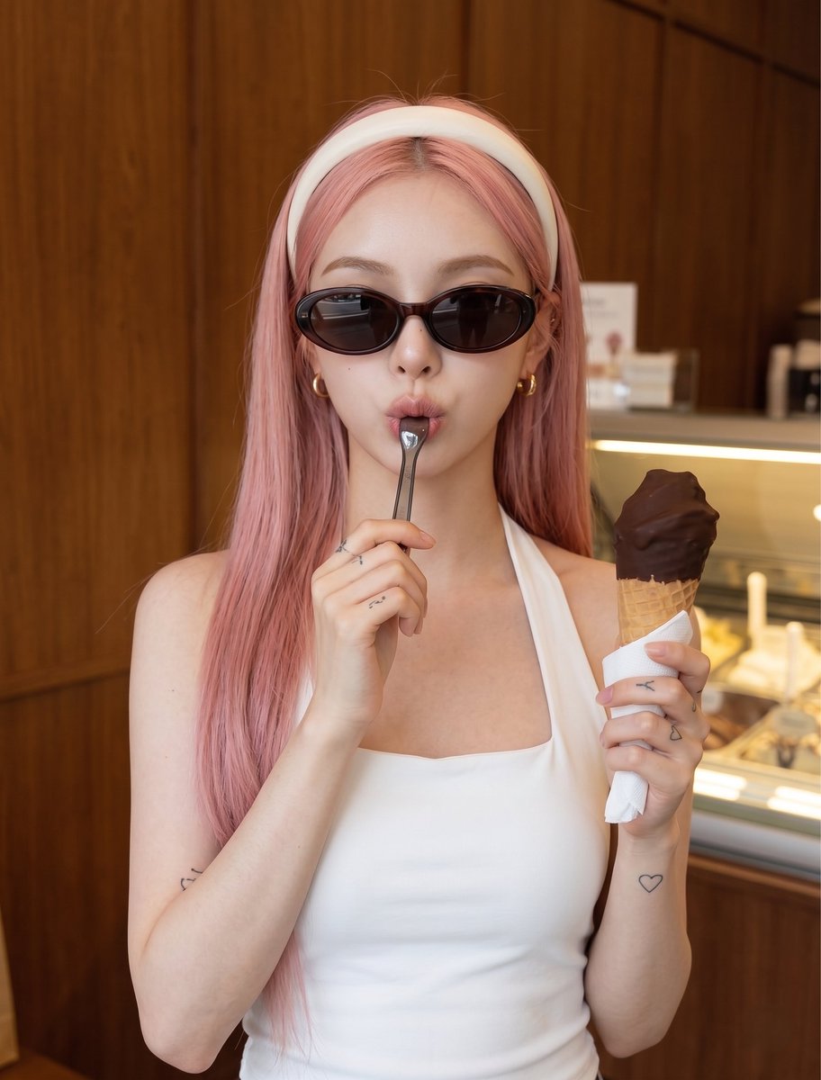 主体与外貌 一位年轻女性，拥有苍白的瓷器般肌肤和长直发。 她身穿一件合身的白色无袖方领挂脖上衣。 配饰包括一条粗白色发箍、一副深色椭圆镜片配粗黑镜框的太阳镜，以及小巧的金色圈形耳…
