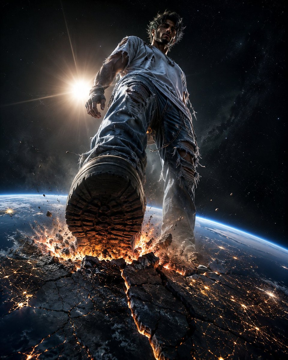 “宇宙还未为他做好准备。” GPT Image 2 on CHATGPT 提示词⤵️ 一张超写实电影级 8K 低角度镜头，描绘一位巨大的男性角色伫立于外太空，正以压倒性的力量踏上…
