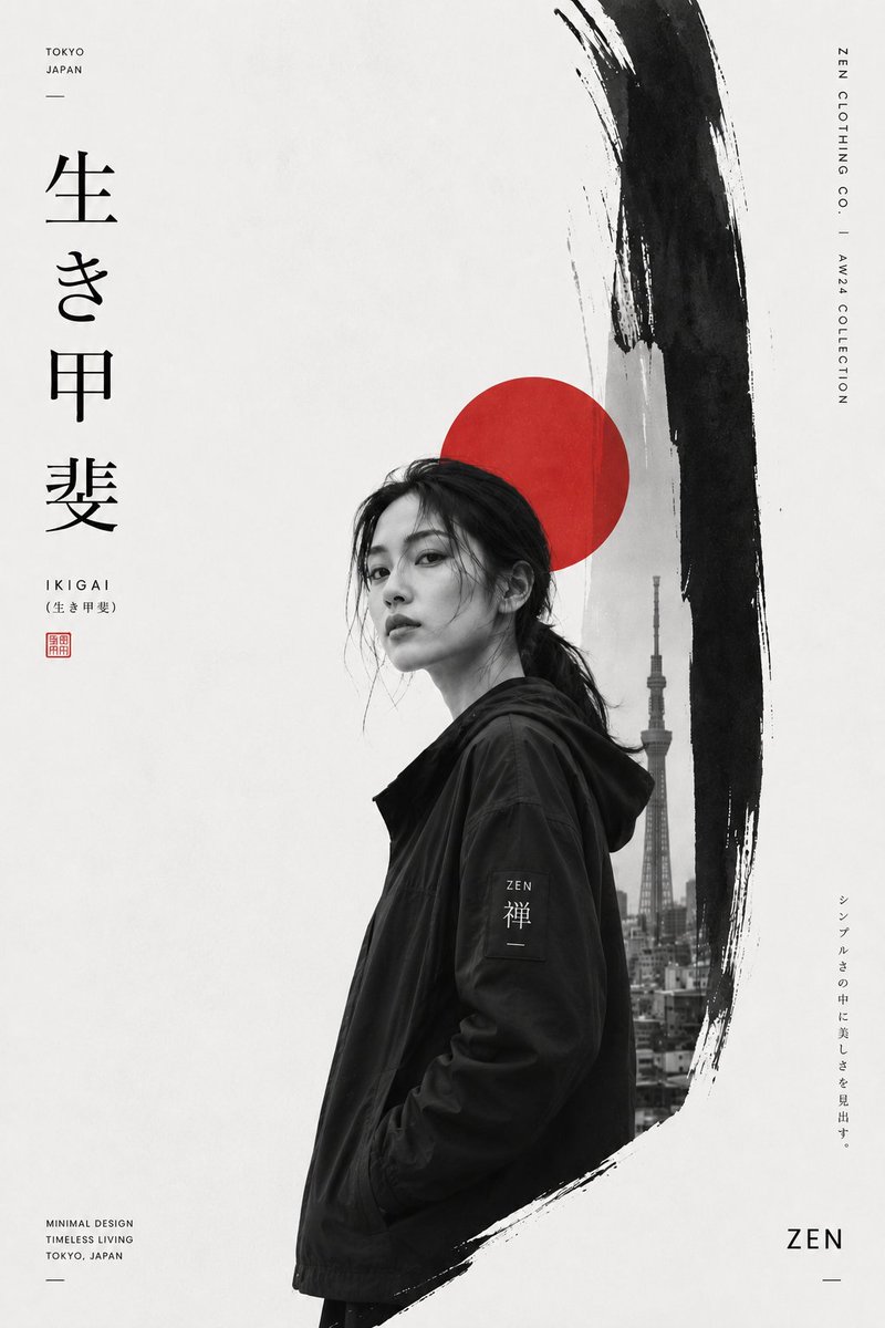 创建一个高级日本灵感的极简主义时尚编辑海报,以一位时尚的年轻女性作为主角。图片类型:极简日式时尚品牌海报,单色编辑广告设计,奢华生活方式海报。主题:街头服饰,极简时尚,日式生活…
