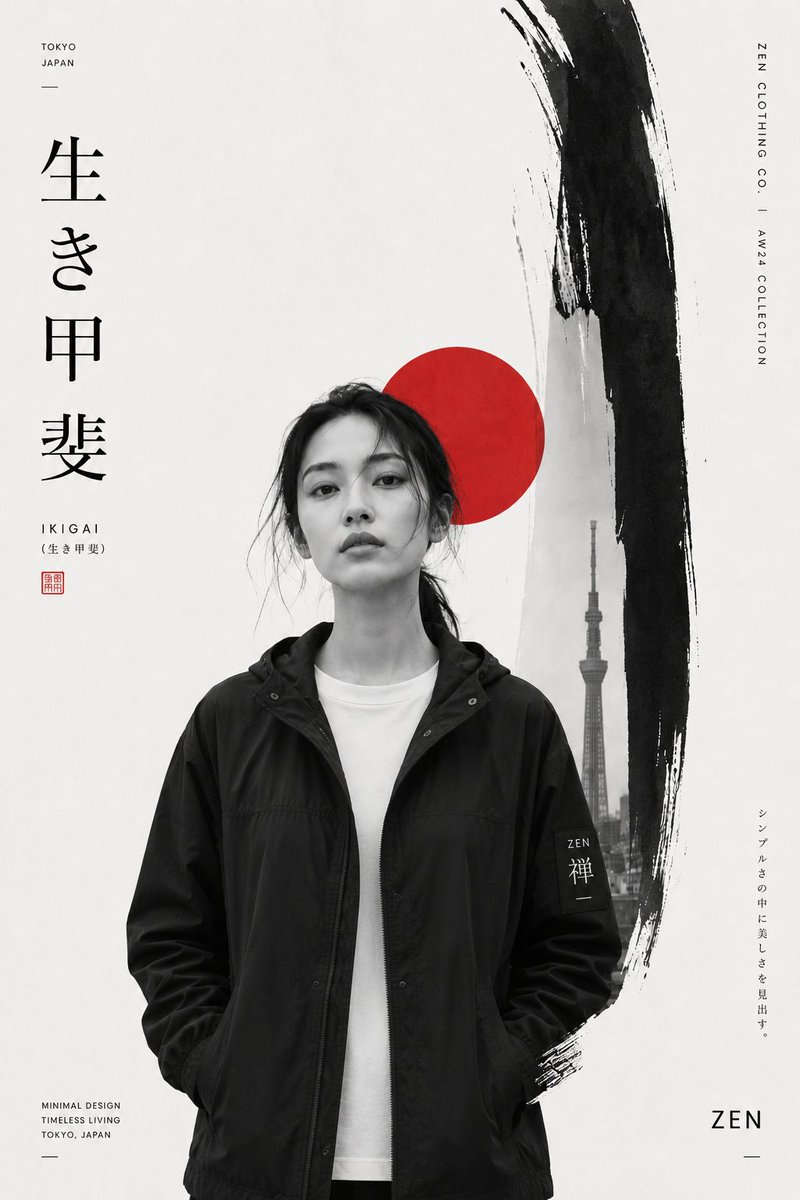 创建一个高级日本灵感的极简主义时尚编辑海报,以一位时尚的年轻女性作为主角。图片类型:极简日式时尚品牌海报,单色编辑广告设计,奢华生活方式海报。主题:街头服饰,极简时尚,日式生活…