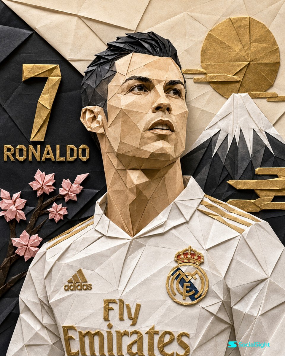 超精细折纸艺术肖像画，描绘克里斯蒂亚诺·罗纳尔多（Cristiano Ronaldo），完全由折叠纸层和几何折纸造型精心制作而成，逼真的纸张质感，带有可见的折…