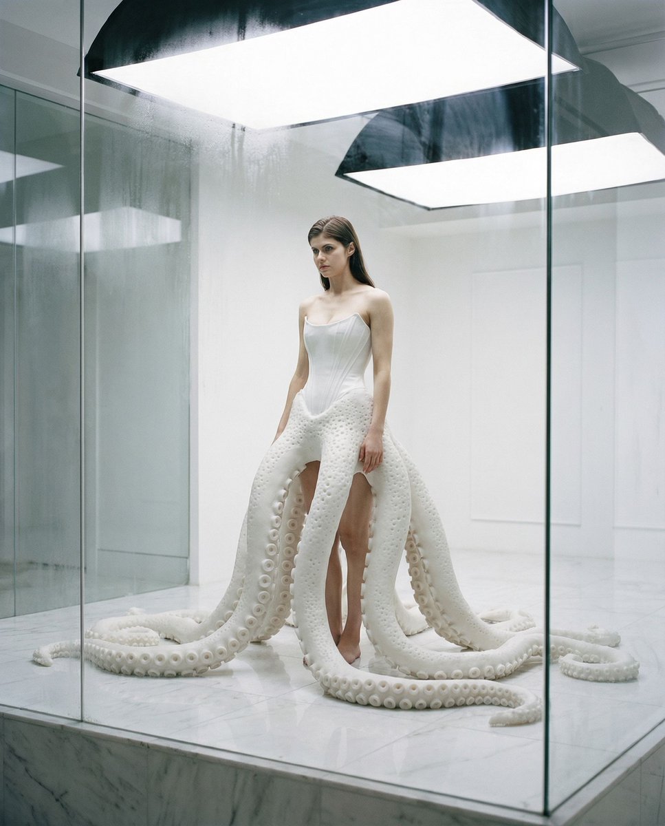 { "vibe_title_en": "Cephalopod Couture", "master_prompt": "一幅超现实的前卫时尚编辑大片。通过元素取景：通过带有细微边缘…