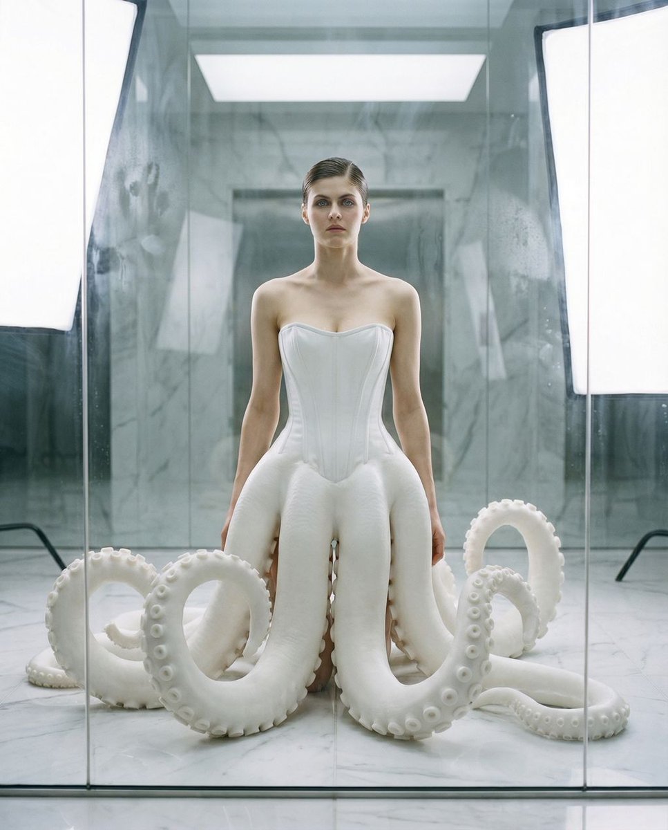 { "vibe_title_en": "Cephalopod Couture", "master_prompt": "一幅超现实的前卫时尚编辑大片。通过元素取景：通过带有细微边缘…