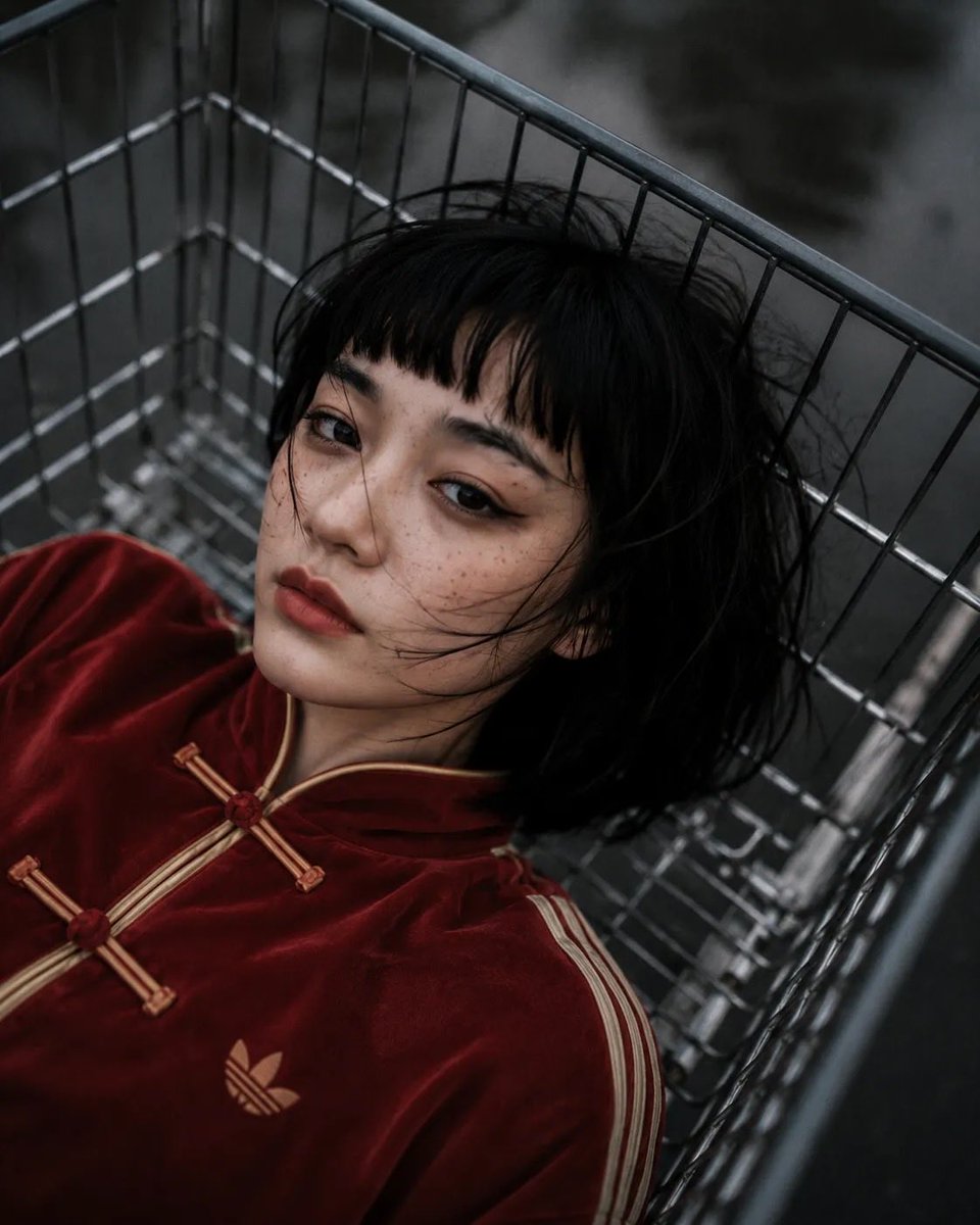 女性角色位于购物推车内部,以推车内部为视角向上望向她的脸部,戏剧性的透视畸变,一条腿靠近镜头,姿势"无所谓"且放松:,超大红色(偏红)的阿迪达斯旗袍风格天鹅绒运动套装,配米色条纹…