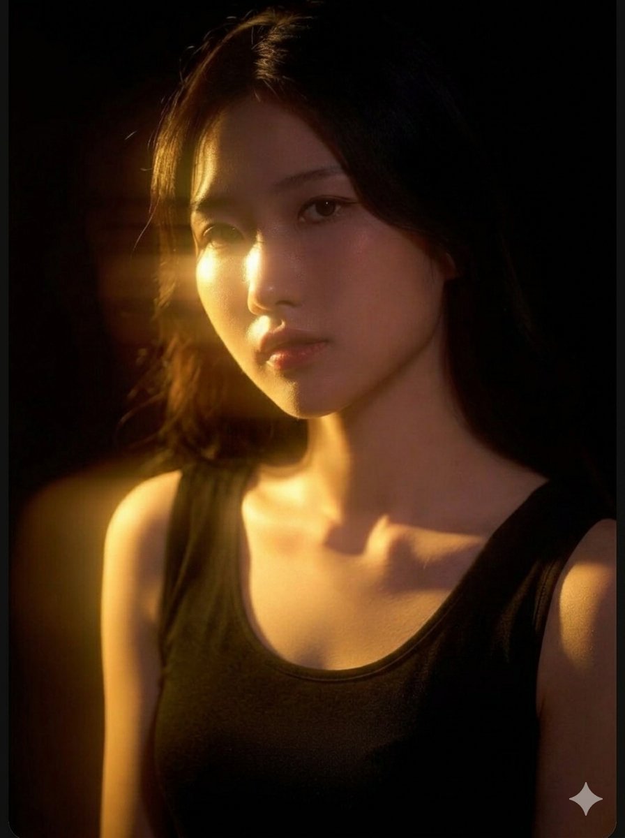 一张垂直构图的特写肖像照,描绘了一位优雅的年轻东亚女性,采用戏剧性的电影级打光风格,背景为深邃的纯黑色。她直视前方,神情柔和而宁静。一道温暖的黄金色光从左侧优雅地闪耀而出,在她的…