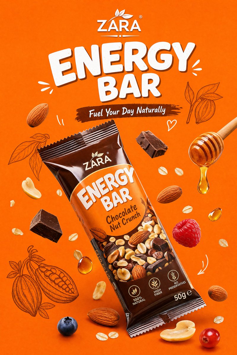 为 [BRAND NAME] 创作一张高端 FMCG 零食产品广告海报。 主题: [能量棒 / 健康零食 / 甜食产品营销活动] 风格与艺术指导: 明亮活泼的商业美学 现代健康零…