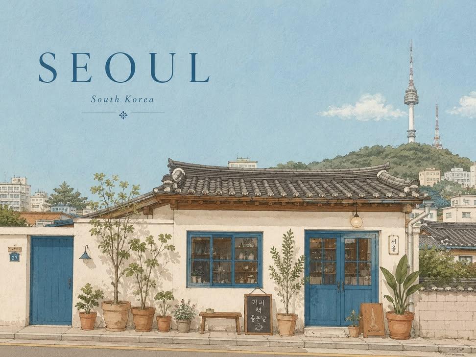 [CITY] = 首尔（Seoul） [COUNTRY] = 韩国（South Korea） [LANDMARK] = [CITY] 一个具有辨识度的地标或景观元素 创作一幅灵感…