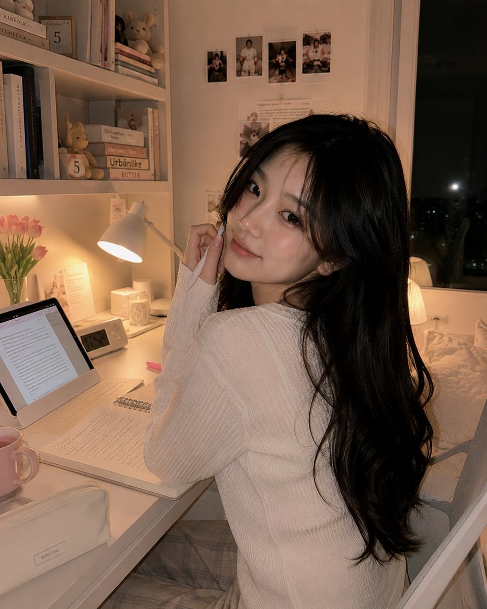 超写实的温馨韩国书房人像：一位美丽的韩国女性夜晚随意地坐在白色书桌上，旁边放着她的笔记本电脑，双膝轻柔地蜷向身体，上半身转向镜头，露出温柔害羞的微笑。身穿柔软…
