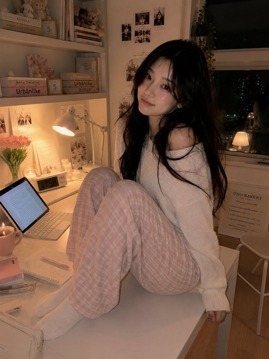 超写实的温馨韩国书房人像:一位美丽的韩国女性夜晚随意地坐在白色书桌上,旁边放着她的笔记本电脑,双膝轻柔地蜷向身体,上半身转向镜头,露出温柔害羞的微笑。身穿柔软的米色一字肩休闲上衣…