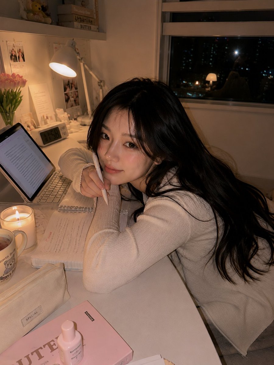 超写实的温馨韩国书房人像:一位美丽的韩国女性夜晚随意地坐在白色书桌上,旁边放着她的笔记本电脑,双膝轻柔地蜷向身体,上半身转向镜头,露出温柔害羞的微笑。身穿柔软的米色一字肩休闲上衣…