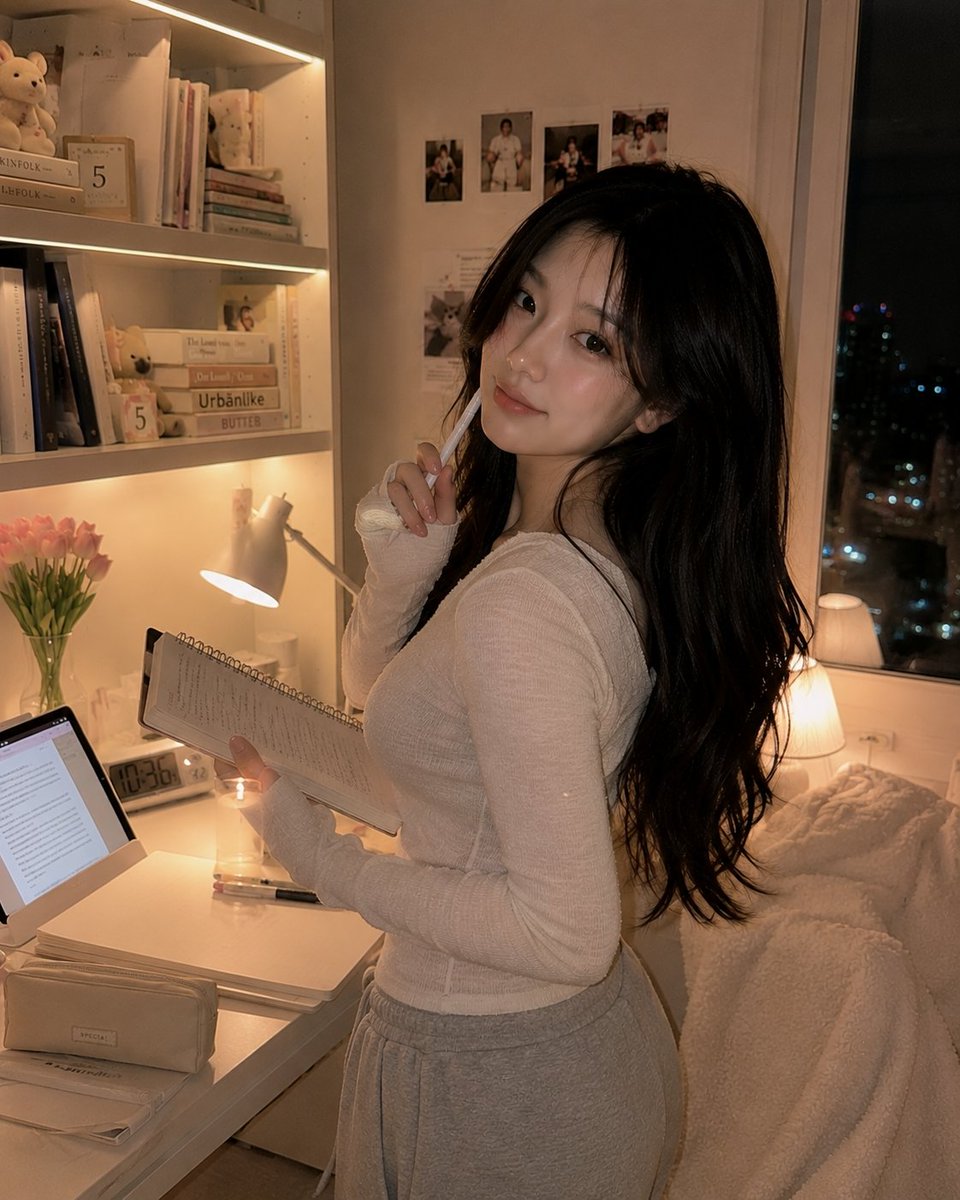 超写实的温馨韩国书房人像:一位美丽的韩国女性夜晚随意地坐在白色书桌上,旁边放着她的笔记本电脑,双膝轻柔地蜷向身体,上半身转向镜头,露出温柔害羞的微笑。身穿柔软的米色一字肩休闲上衣…