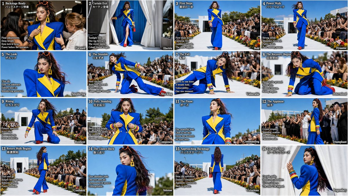 GPT 2 Prompt; 超写实 Vogue / Harper’s Bazaar 故事板，4x4 网格（16 个等大编号画格，以细白线分隔），连续的户外日间…
