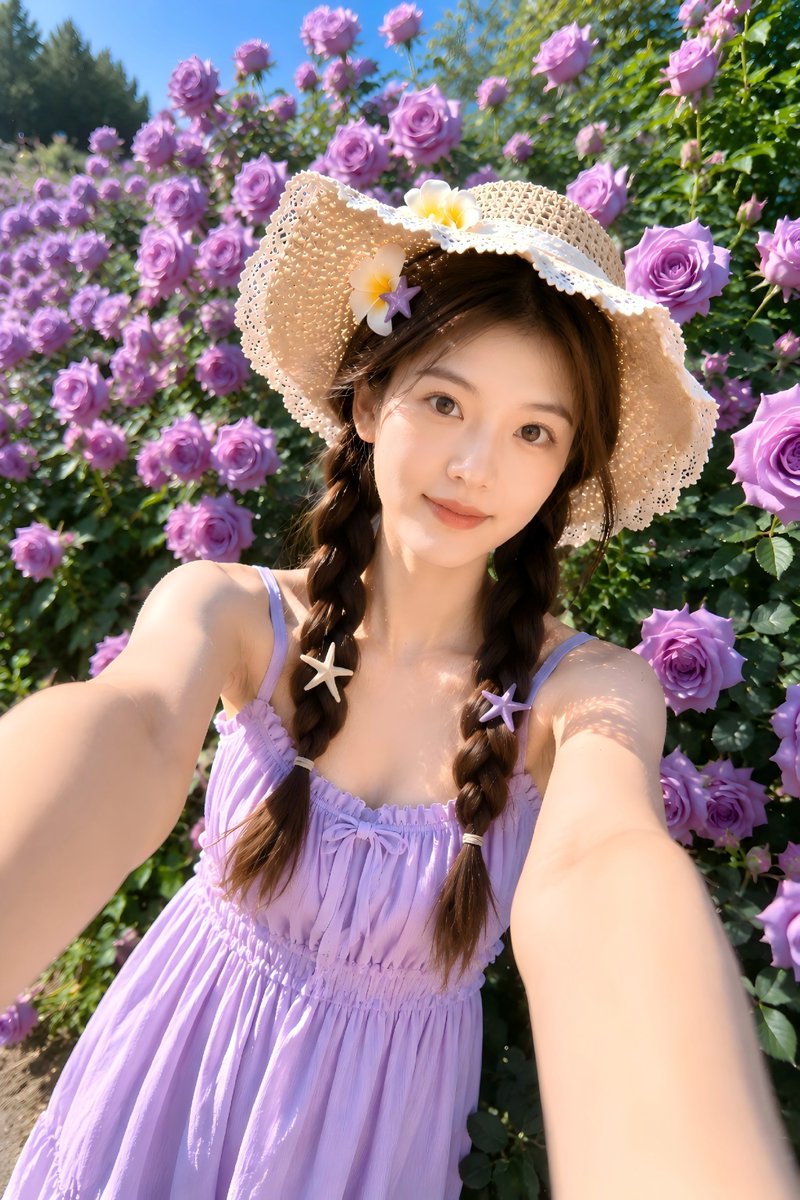 被紫色玫瑰包围的夏日花园自拍🌸 使用 GPT Image 2 生成 Prompt👇 仅将我的上传肖像作为身份参考。只参考本人的真实面部特征、脸型、比例、肤色、…
