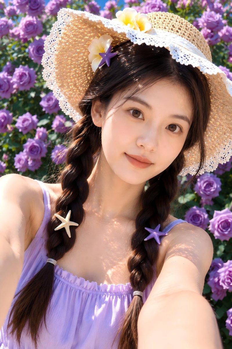 被紫色玫瑰包围的夏日花园自拍🌸 使用 GPT Image 2 生成 Prompt👇 仅将我的上传肖像作为身份参考。只参考本人的真实面部特征、脸型、比例、肤色、发型、发质以及整体自…