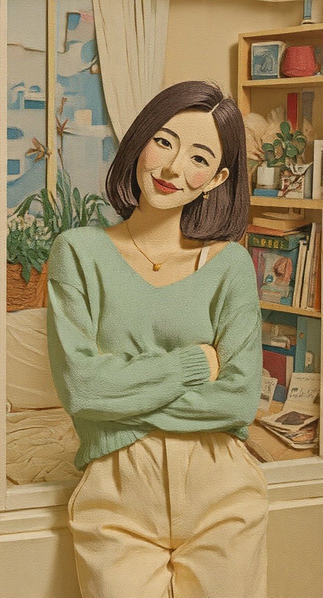 一幅风格化、带有质感的插画,基于一位面带微笑、留着深色短发波波头的女性肖像,她向后倚靠,双臂交叉。她身穿柔软的V领薄荷绿毛衣和米色长裤,佩戴着一条精致的金色项链。背景是一个温馨的…