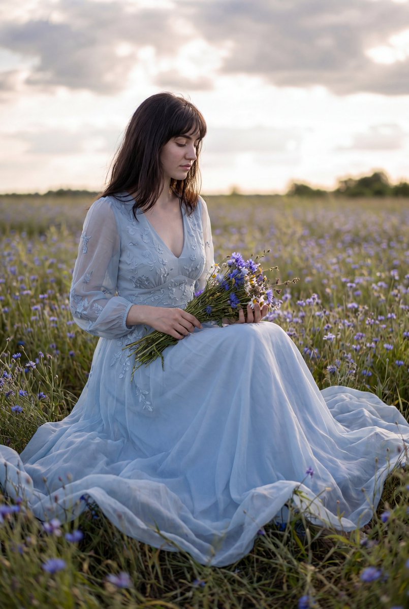 她的超写实全身时尚肖像，留着深棕色长发和柔和蓬松的刘海，在自然日光下穿行于一片广袤的蓝色野花盛开的花海中。以略低的仰视角度拍摄，营造电影般的时尚大片氛围。她身穿一件优雅飘逸的浅蓝…