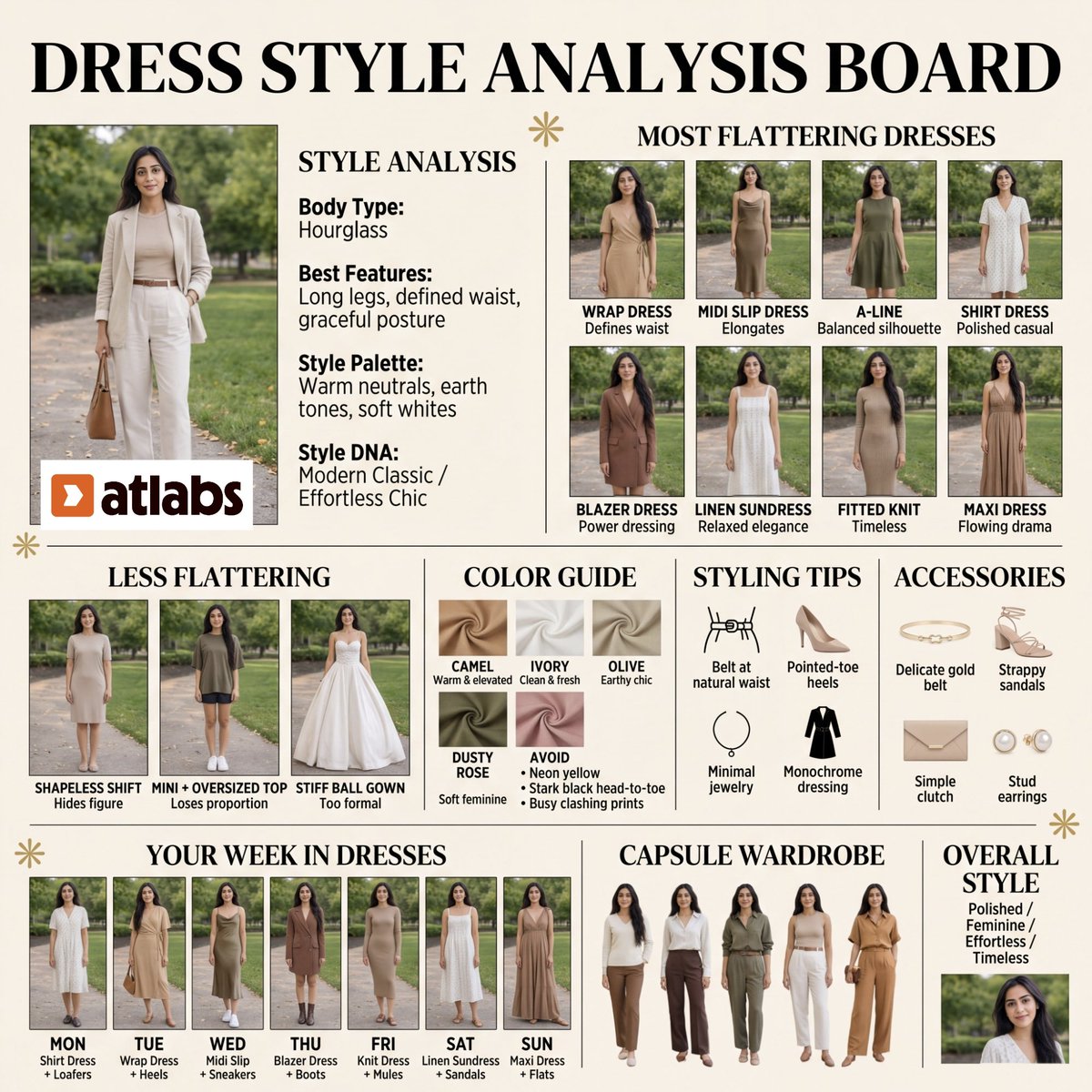 一个高耸的垂直编辑风格"DRESS STYLE ANALYSIS BOARD（连衣裙风格分析板）"，采用温暖的奶油色/米色背景，搭配优雅的衬线体与无衬线字体排…