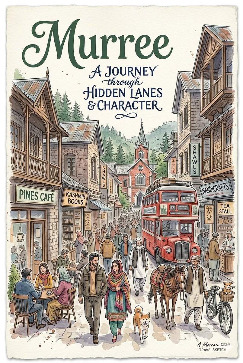 一幅由"A. Moreau 2024, TRAVELSKETCH."创作的、采用细致素描风格的AI生成水彩旅行海报。画面描绘了一条繁忙而富有历史感的街道场景:人群中,一对夫妇在前…