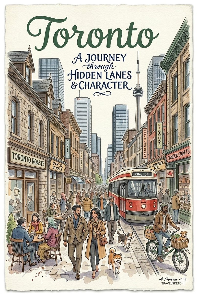 一幅由"A. Moreau 2024, TRAVELSKETCH."创作的、采用细致素描风格的AI生成水彩旅行海报。画面描绘了一条繁忙而富有历史感的街道场景:人群中,一对夫妇在前…