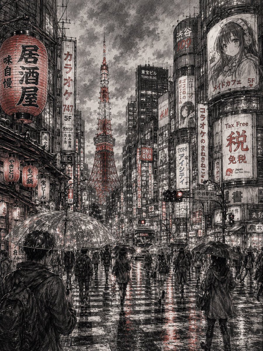GPT IMAGE 2.0 on Chat GPT 。 1. 东京素描提示词 一幅高度精细的铅笔素描，描绘黄昏时分的东京城市景观，包含东京塔、狭窄的霓虹灯街道、传统的日本灯笼、拥…
