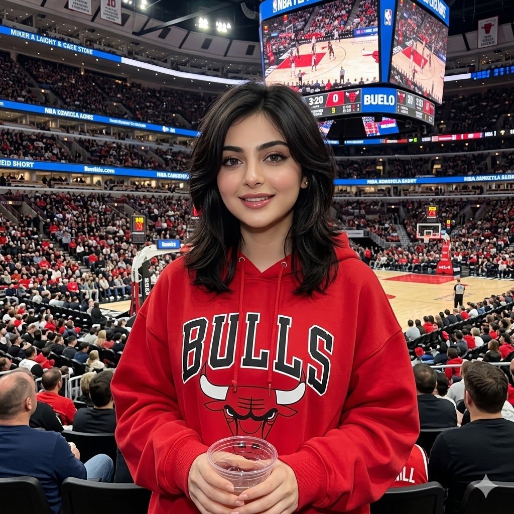 写实风格女性 NBA 观众肖像,腰部以上构图,身穿红色宽松公牛队连帽衫,淡妆配光泽唇,层次感狼尾剪发型,观看比赛时手持饮料杯的放松姿势,背景可见细节清晰不模糊的拥挤篮球体育馆,真…