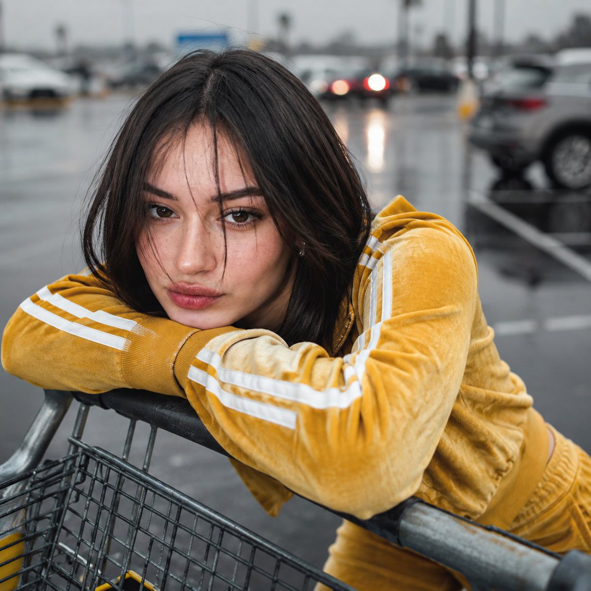 GPT image 2.0 on ChatGPT 🧩 Prompt 1: 超写实特写肖像:一位年轻女子俯身靠在雨后停车场的金属购物推车边缘,身穿带白色条纹的芥末黄复古丝绒运动套装…