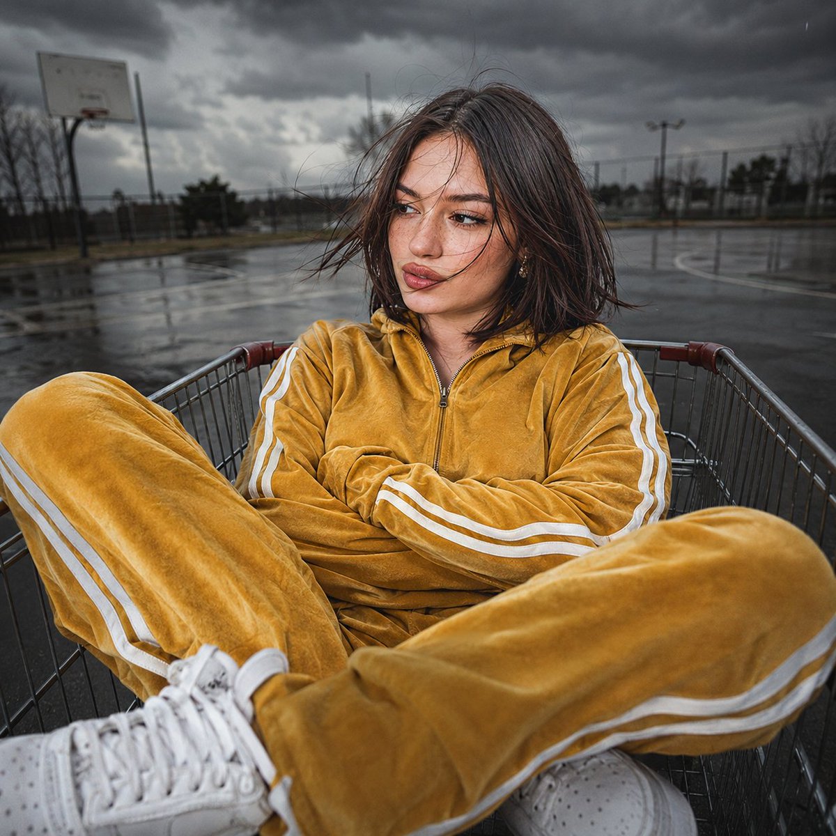 GPT image 2.0 on ChatGPT 🧩 Prompt 1: 超写实特写肖像:一位年轻女子俯身靠在雨后停车场的金属购物推车边缘,身穿带白色条纹的芥末黄复古丝绒运动套装…