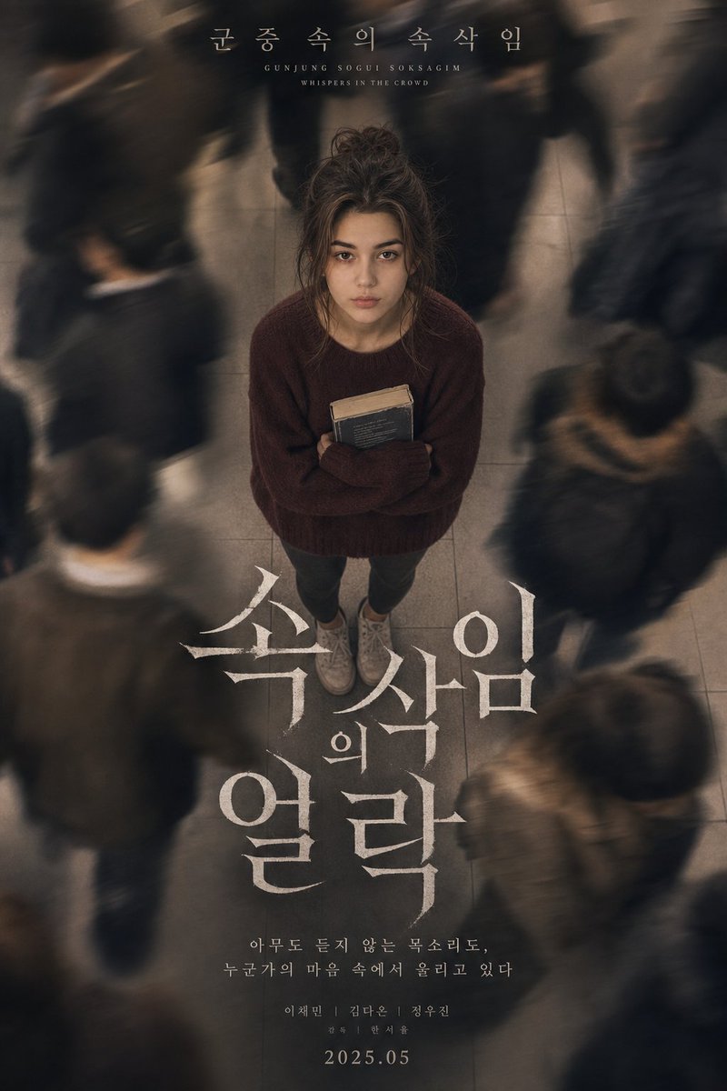 一张忧郁的韩国心理剧情海报，画面中是一位美丽的年轻女性，其面部特征、表情和比例与原始参考照片完全一致。不得改变其外貌特征或比例。她有一头柔软的长黑发，梳成凌乱…