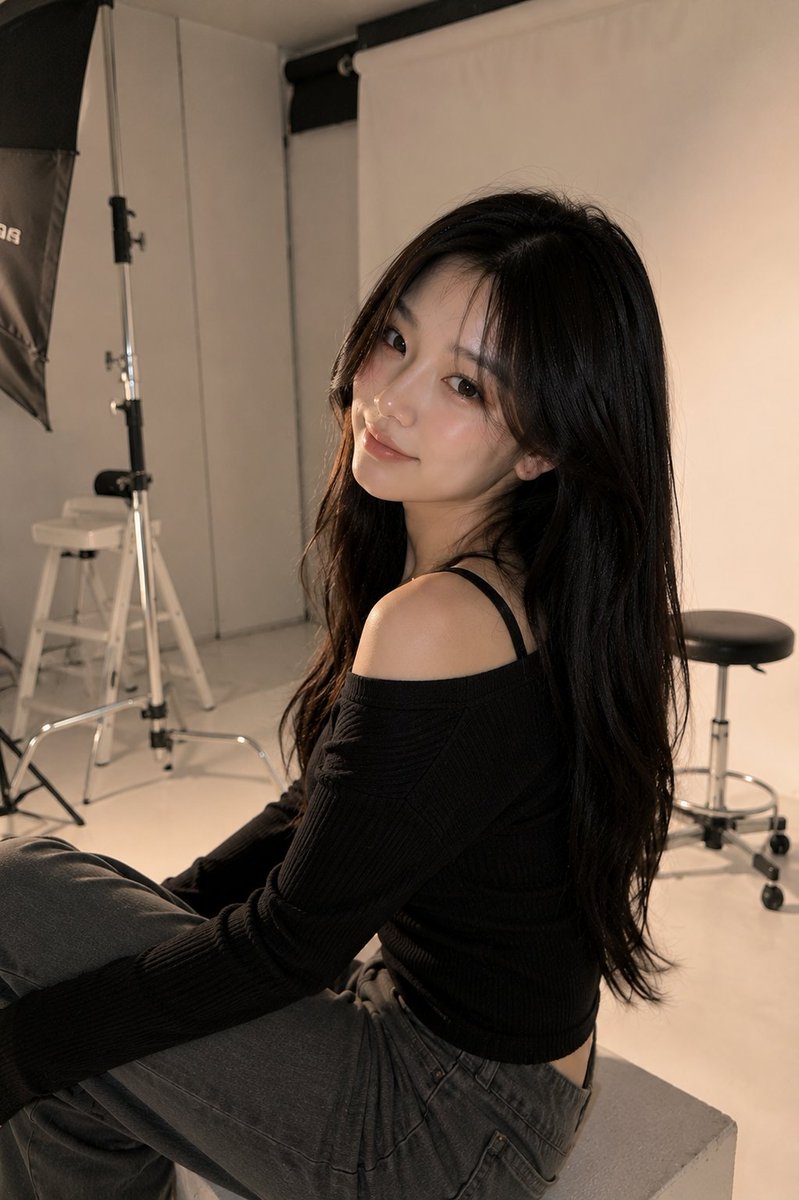 超写实工作室时尚人像：一位美丽的韩国女性在干净浅灰色的工作室墙前摆姿势，微微转向镜头，神态柔和自信，身姿优雅从容。一只手轻轻放在发丝中，同时微微倚靠在墙上。身着合身的黑色罗纹一字…