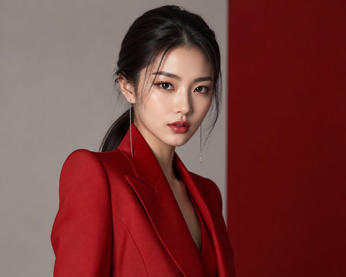超写实高端韩国时尚编辑风格人像摄影：一位美丽的年轻女性，身着优雅的纯色深红色定制西装外套，肩部结构挺括，整体造型奢华极简。发型为顺滑的低马尾，发丝柔和地修饰脸…
