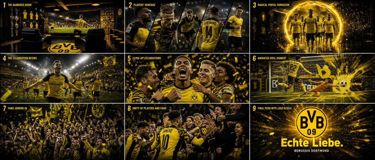为多特蒙德（Borussia Dortmund）比赛开场电视转播动画制作一个9镜头电影级分镜脚本。该序列应感觉像高端体育商业广告融合了奇幻VFX与爆发性的动态…