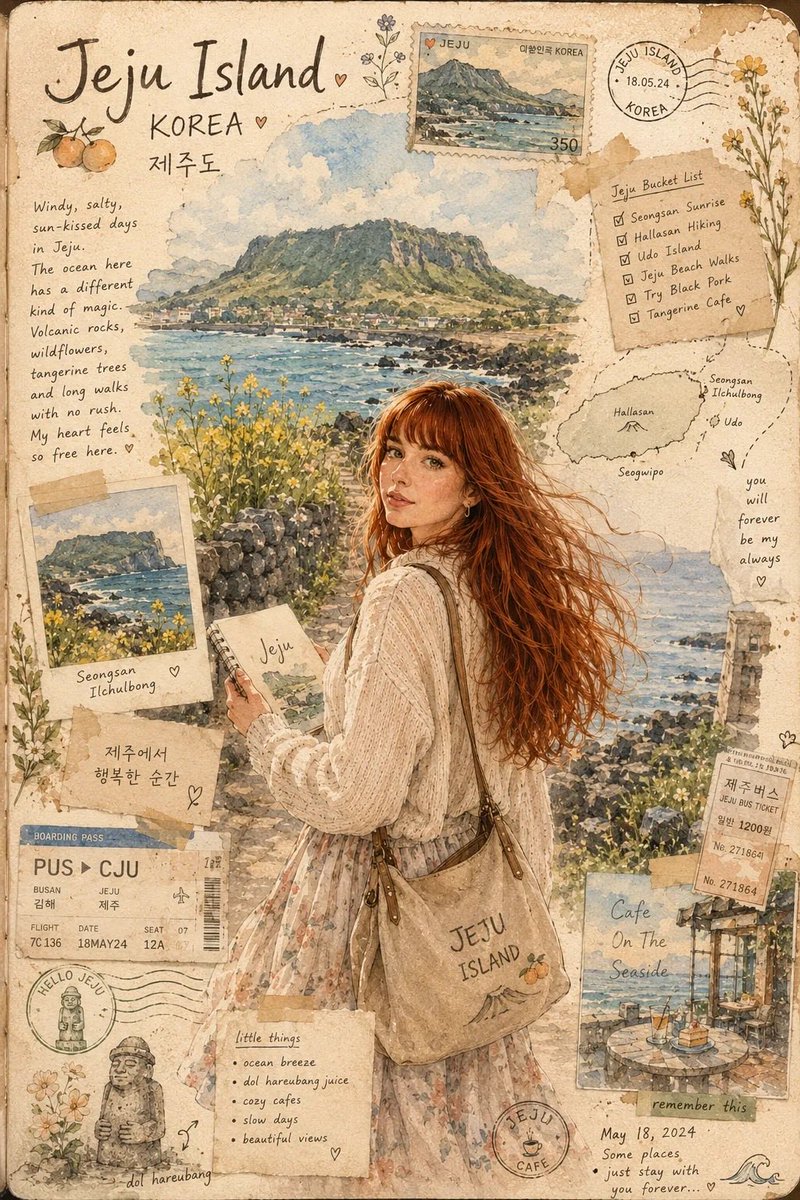 创作一幅梦幻般的手工感 (CITY)旅行手账插画，仿佛一位艺术家在 (COUNTRY) 旅行途中于个人写生本中绘成。 场景：受甘川文化村 + 海云台 + 松岛海滨魅力启发的浪漫釜…