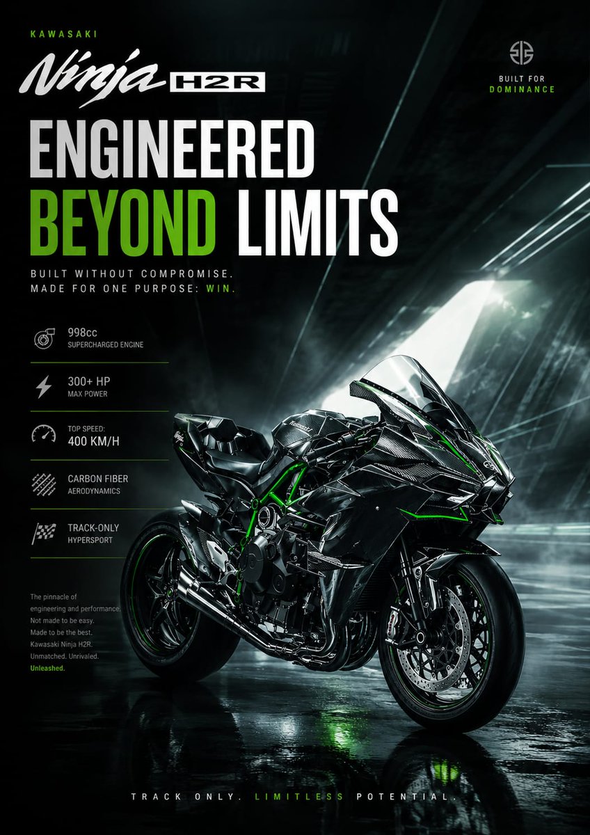 未来感超高端广告海报,主题为川崎 Ninja H2R,设计风格如同世界级 Behance 平面设计作品展示。黑暗电影感地下隧道,带有光滑湿润地面反射,戏剧性的体积光束穿透烟雾,哑…