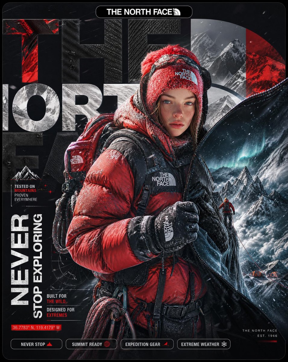 The North Face 超写实超现实风格广告海报。 背景: 画面被一个巨大的深色哑光圆角矩形填满,色调采用 The North Face 标志性的黑、白与深红配色。巨型裁切…