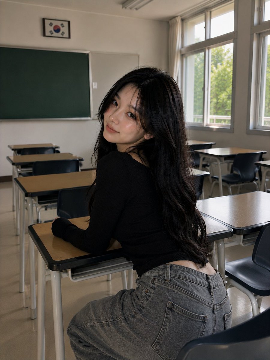 GPT Image 2 在 ChatGPT 上 提示词； 超写实肖像：一位美丽的韩国女性，白天站在空旷的韩国教室的大型教室窗旁，从前侧摆姿势，直视镜头，带着柔和平静的微笑。一只手…