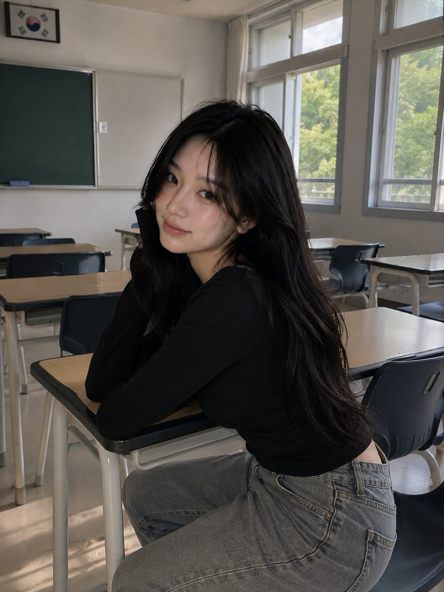 GPT Image 2 在 ChatGPT 上 提示词； 超写实肖像：一位美丽的韩国女性，白天站在空旷的韩国教室的大型教室窗旁，从前侧摆姿势，直视镜头，带着柔和平静的微笑。一只手…