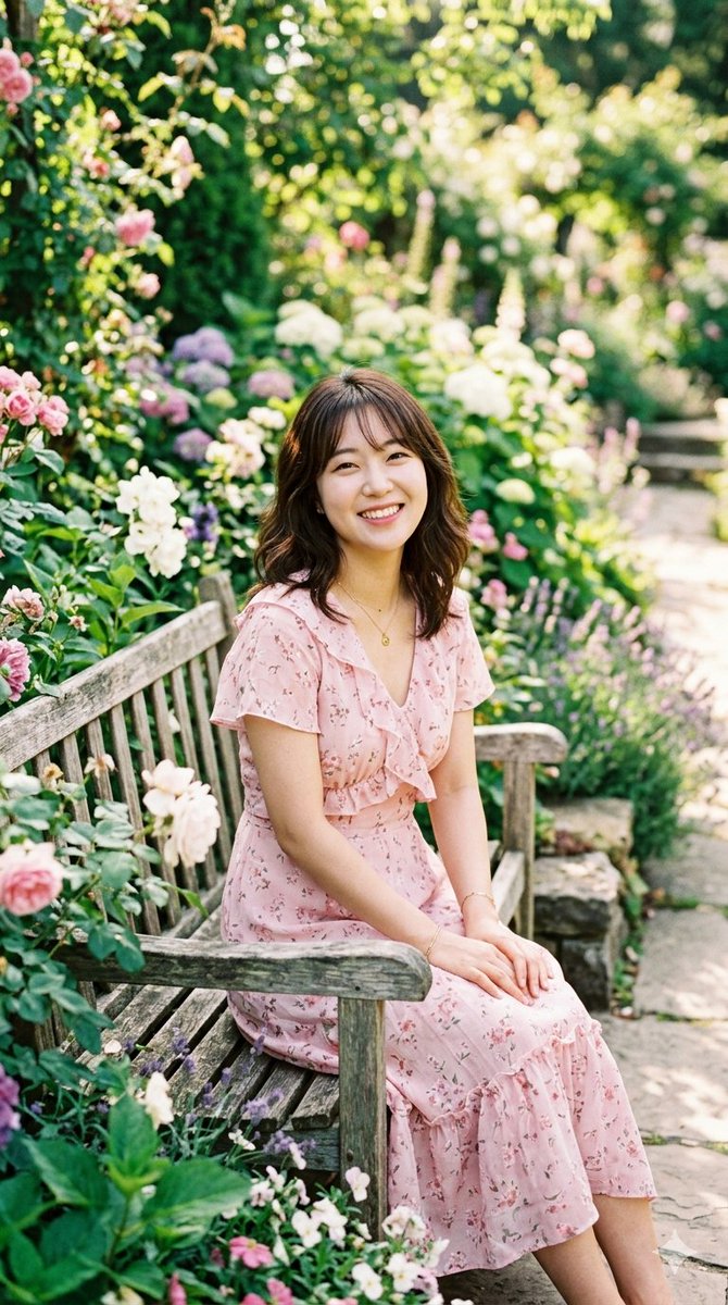 中景镜头:一位性格开朗的东亚女性,留着带刘海的棕色波浪及肩发,在郁郁葱葱、阳光充足的英式花园中温暖微笑。她身穿一件带有精致花卉图案和褶皱细节的浪漫风短袖浅粉粉色中长连衣裙,配饰为…
