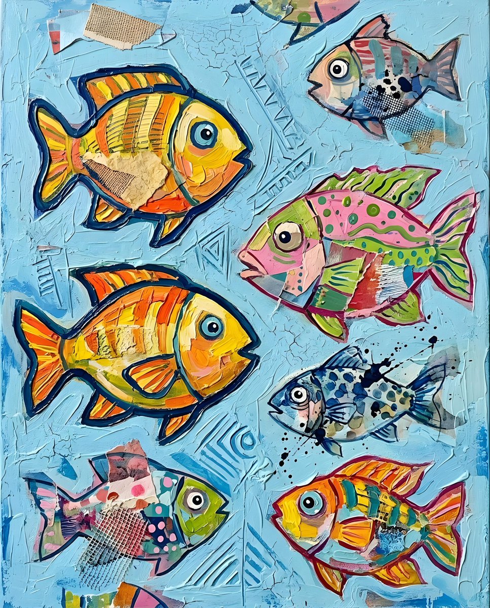 一幅色彩鲜艳的扁平插画，描绘了各种五颜六色的鱼在浅蓝色背景下游动。这些鱼以异想天开的卡通风格呈现，有着粗犷的轮廓和简洁的图案。它们以零散、俏皮的构图排列，有些相互重叠，有些则朝不…