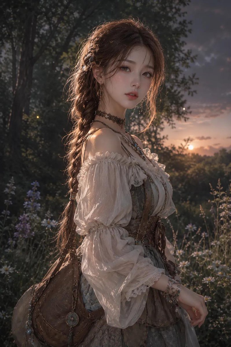 基于上传图片创作的半写实动漫风格20多岁韩国年轻女性，长辫子，飘逸的 peasant 裙，多层项链和手镯，皮质挎包，黄昏时分的林中空地，野花和树木，柔和神秘大地感光线，超写实纹理…