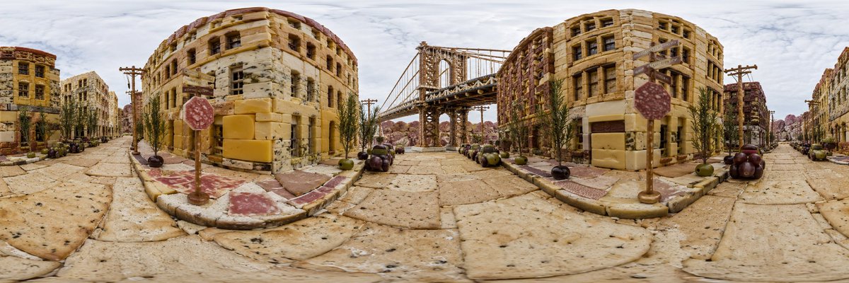 360度全景"街景"视图，展现[RANDOM：由模型选择的纽约某个社区或地标]，以拼盘景观的形式重现，使你理论上可以走进其中。街道地面：[饼干或薄饼]。建筑物：[堆叠的奶酪块]…