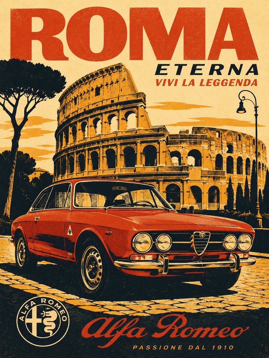 罗马复古意大利汽车旅行海报,标题为“ROMA ETERNA”,前景中一辆经典的红色阿尔法·罗密欧复古轿跑车停泊在阳光普照的鹅卵石街道上,采用低角度电影感的视角拍摄。背景中标志性的…