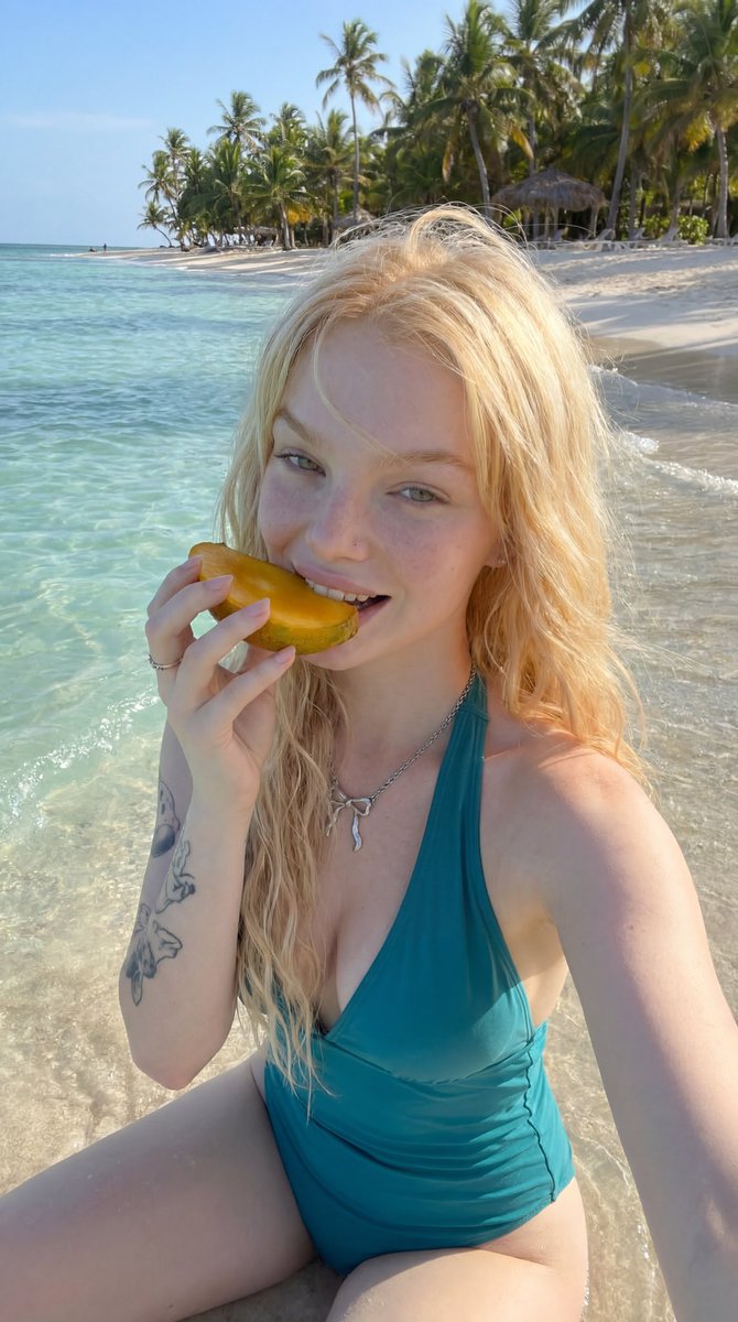 超写实海滩自拍肖像,金发女子站在清澈透明的热带海水中,手持一颗熟透的芒果贴着脸颊,背景是棕榈树和白色沙滩,明亮的自然阳光,湿润蓬松的金发,柔和的雀斑,淡妆自然,青绿色挂脖泳衣,休…