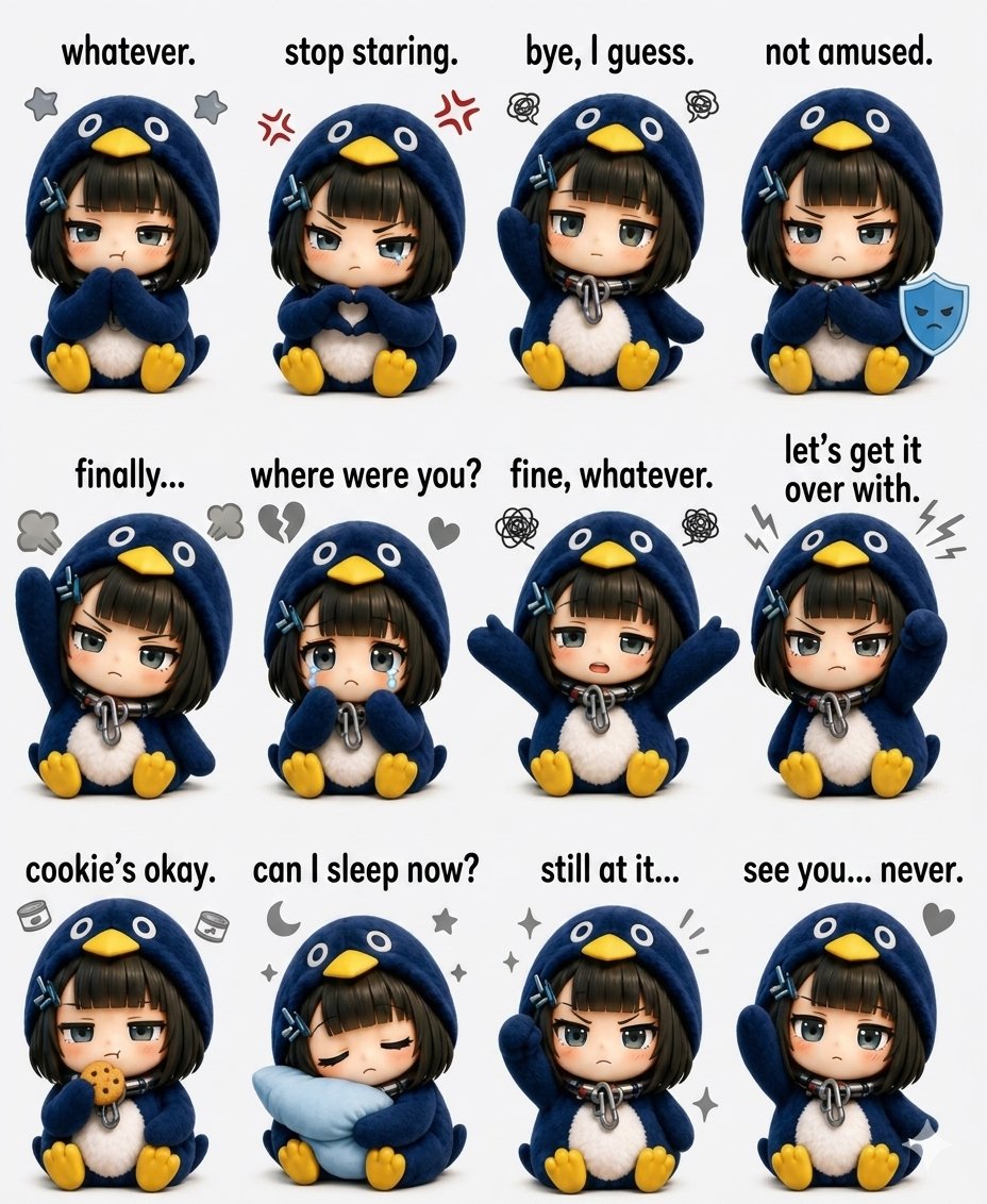 超可爱 kawaii 卡通贴纸图鉴，描绘一个超萌动漫小女孩，穿着超大蓬松蓝色企鹅连帽衫套装，配有黄色企鹅喙帽子，柔软毛绒质感，小小的黄色脚，短黑波波头发型配刘海和蓝色发夹，超大闪…