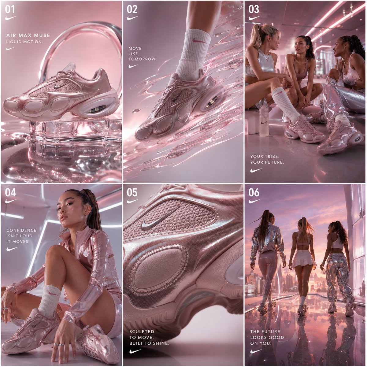 - NIKE AIR MAX MUSE “液态铬金属女性气质” 超高端大师巨型提示词 V1 未来女性气质运动奢华系统 耐克编辑大片 + 美容科技 + 液态铬金属世界观构建 融合未…